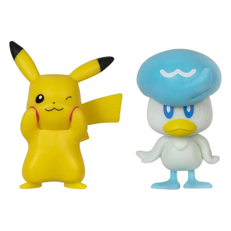 Close-up of Pokémon Pikachu and Quaxly collectible battle figures standing side by side