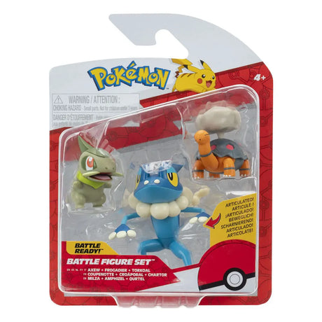 Pokémon Battle Figure Pack featuring Torkoal, Axew, and Frogadier in blister packaging.