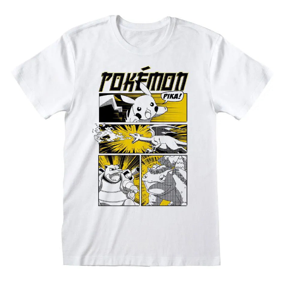 White Pokémon t-shirt with comic panel design featuring Pikachu, Charizard, Blastoise, and Gyarados