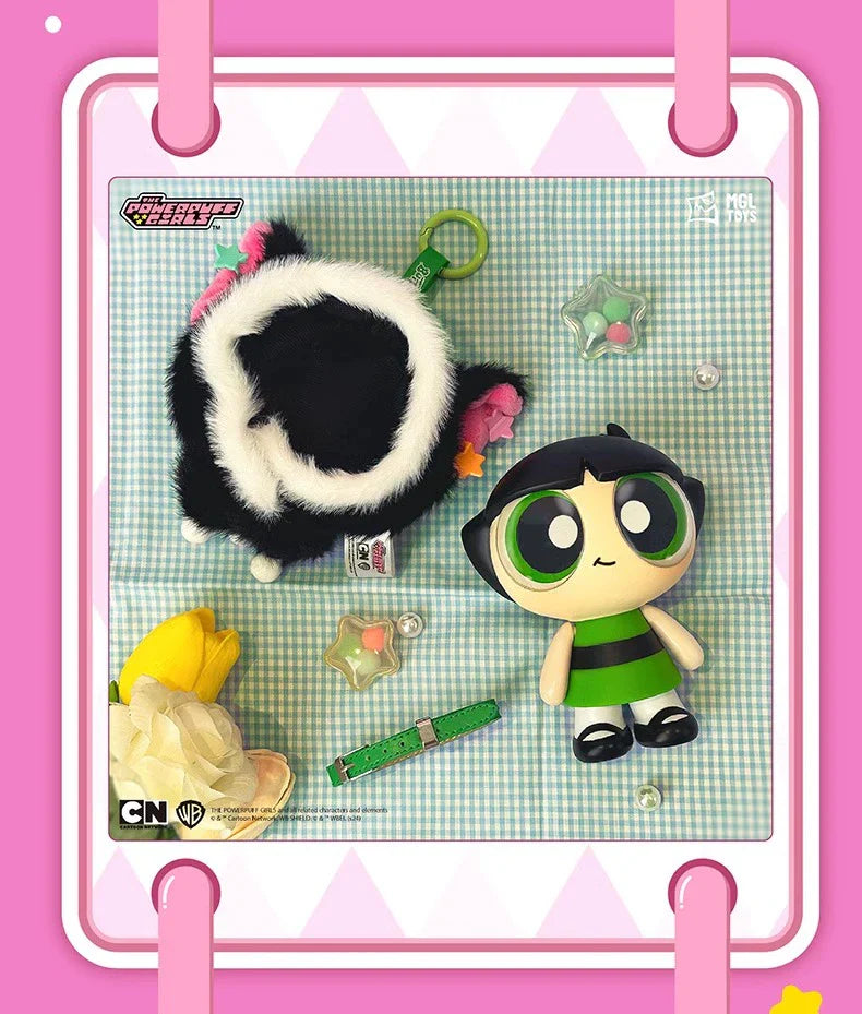 Close-up of Buttercup from the Powerpuff Girls in cozy black cape with green collar