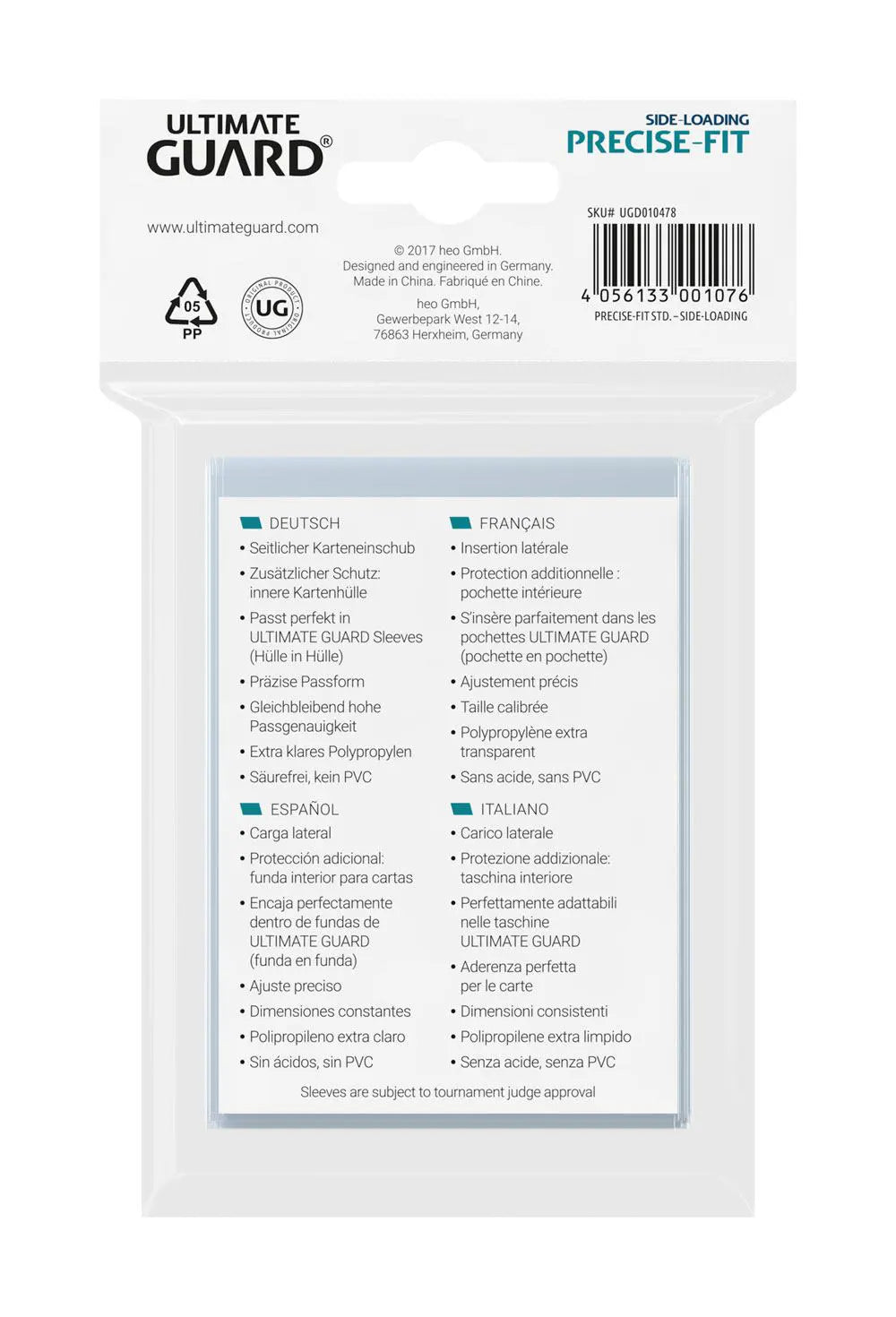 Ultimate Guard Precise-Fit Standard Size Sleeves back of packaging with multilingual details