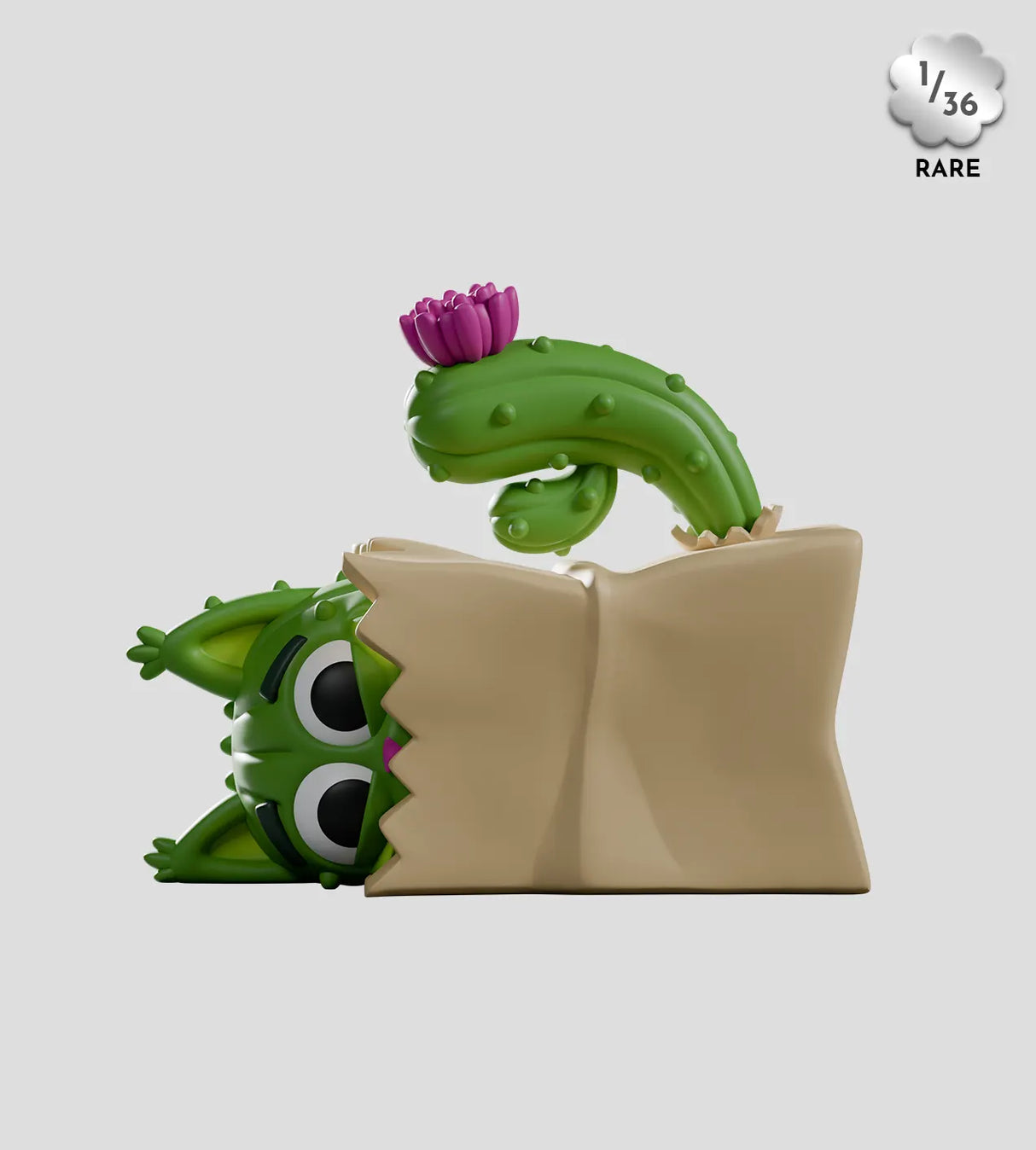 Pricklepuss cactus cat peeking out of paper bag with cactus arm and flower visible