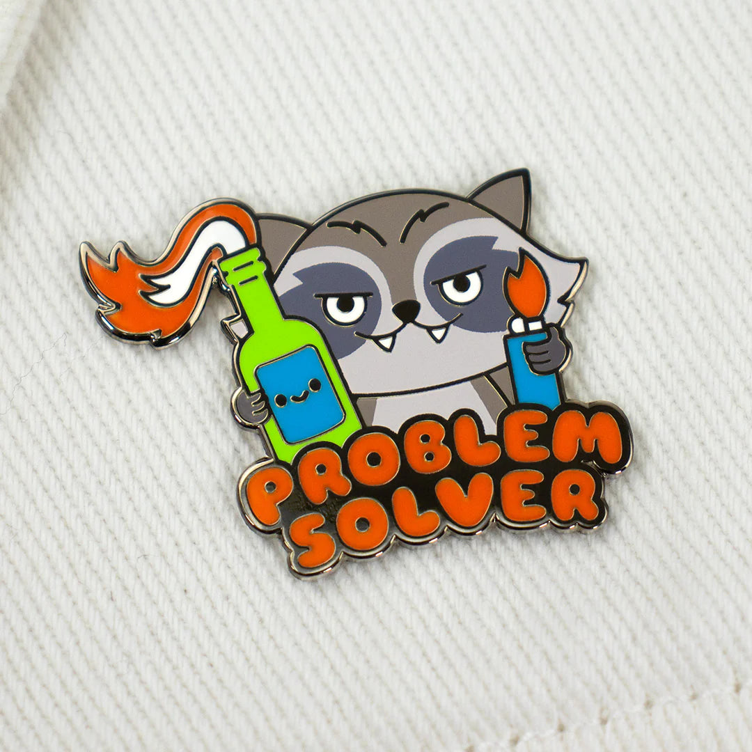 100% soft problem solver enamel pin on fabric background colorful raccoon pin