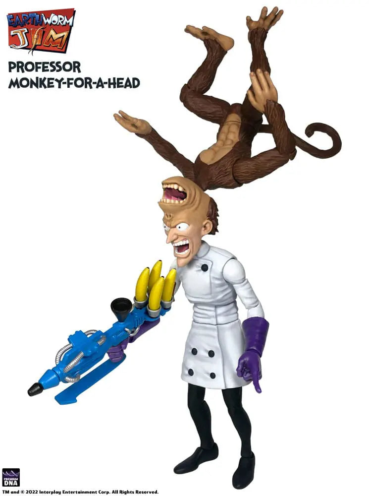 Full view of Earthworm Jim’s Professor Monkey-For-A-Head action figure with all accessories