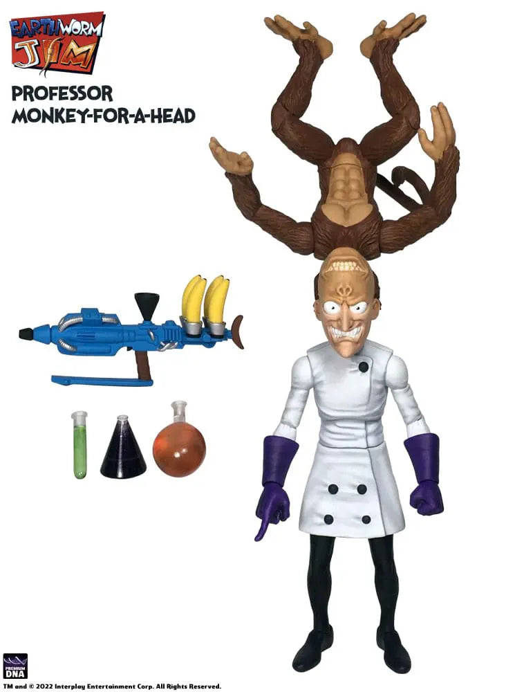 Professor Monkey-For-A-Head holding banana blaster with monkey overhead