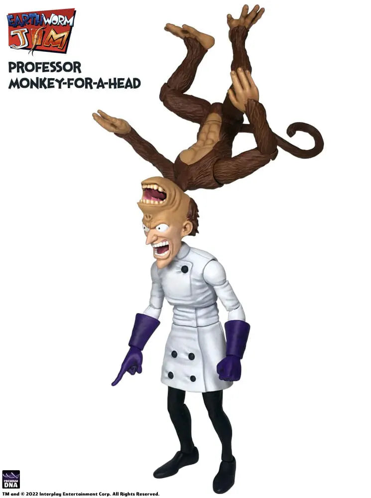 Front-facing shot of Professor Monkey-For-A-Head with science accessories