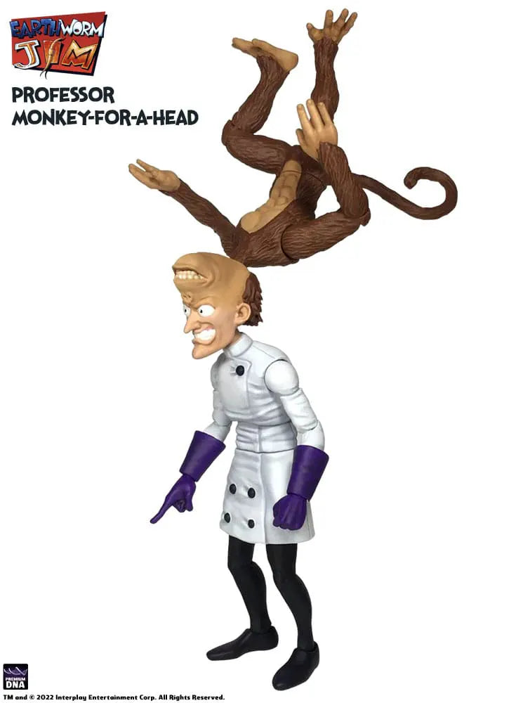 Side view of Professor Monkey-For-A-Head in lab coat with evil grin