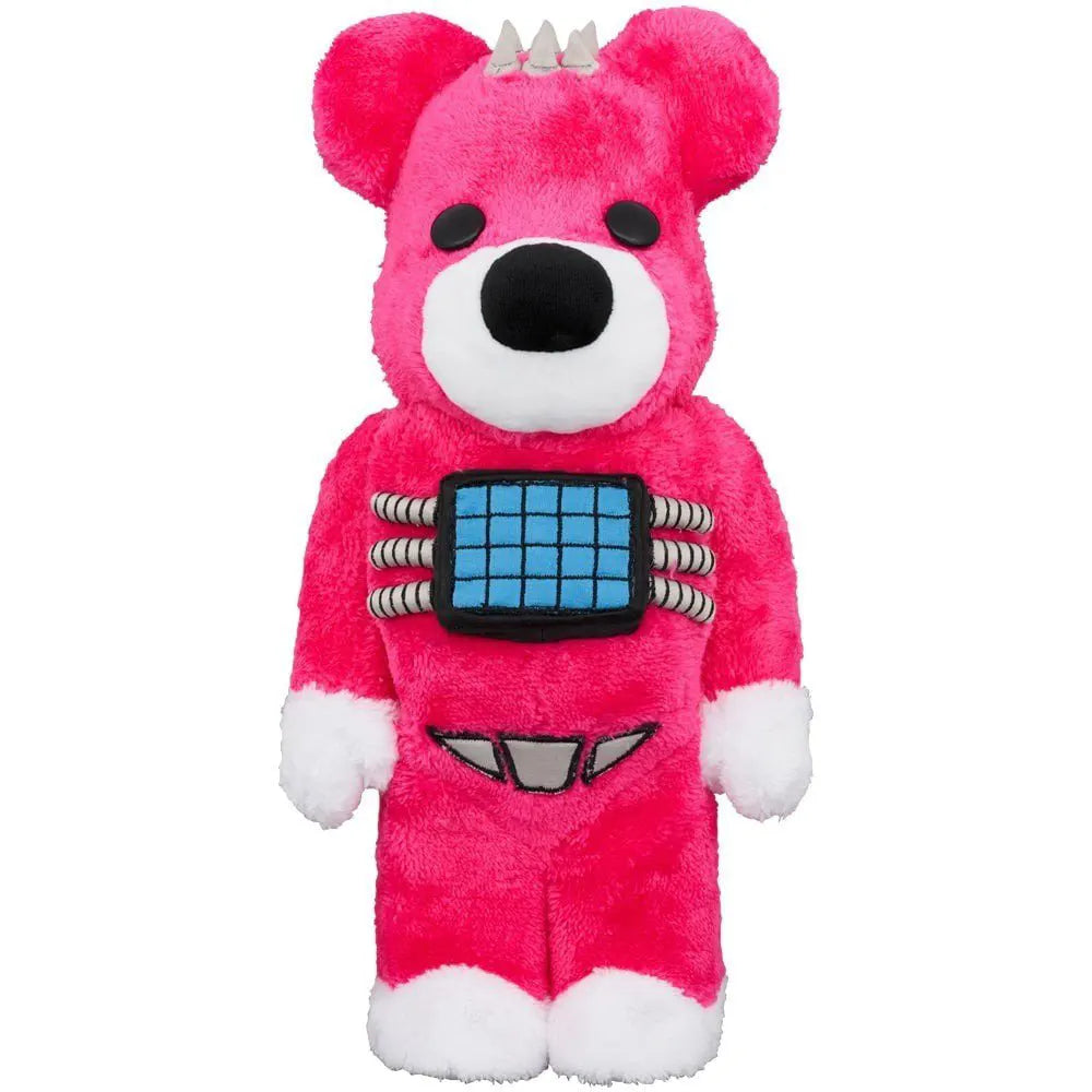 Front view of the 400% Bearbrick - Psychobear Costume Version with vibrant pink fur and blue grid chest panel