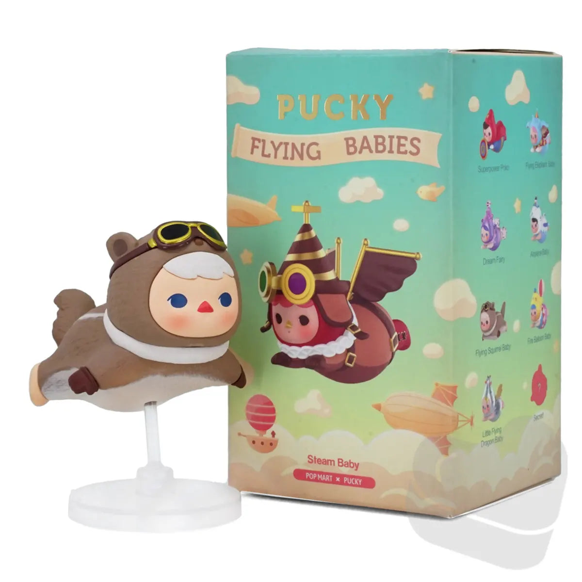 Pucky Flying Babies Steam Baby figure next to its blind box packaging.