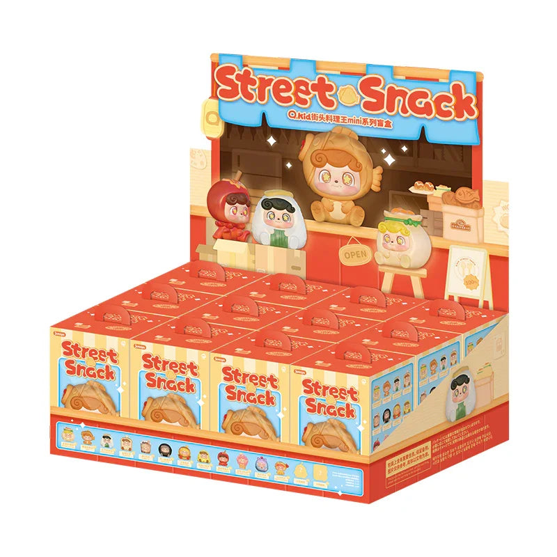 Q KID Street Snack Mini Series blind box display stand showing all collectible character designs
