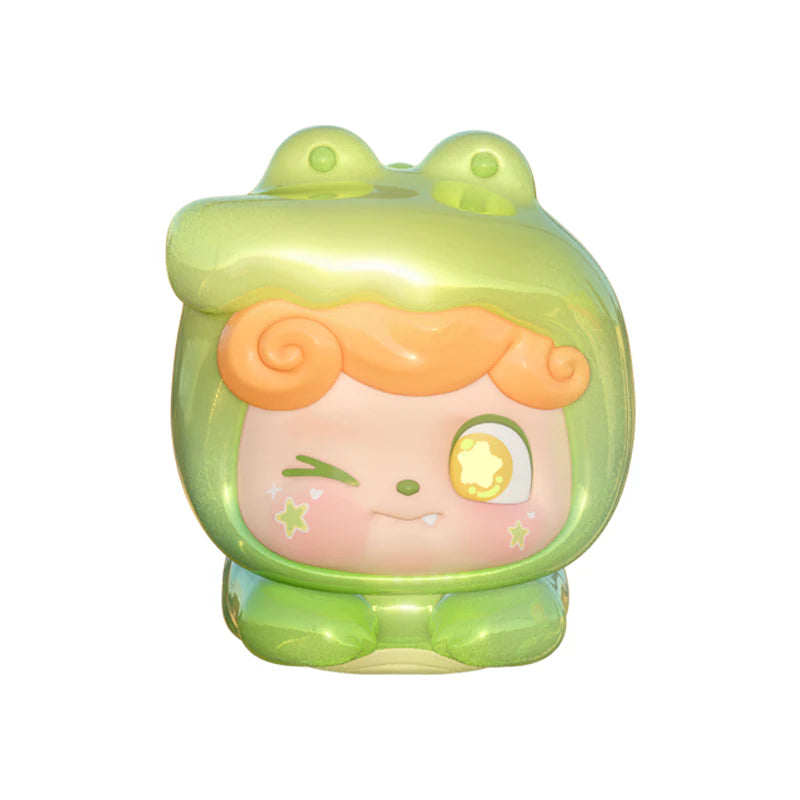 Green glossy Q Kid figure winking with star-shaped eyes.