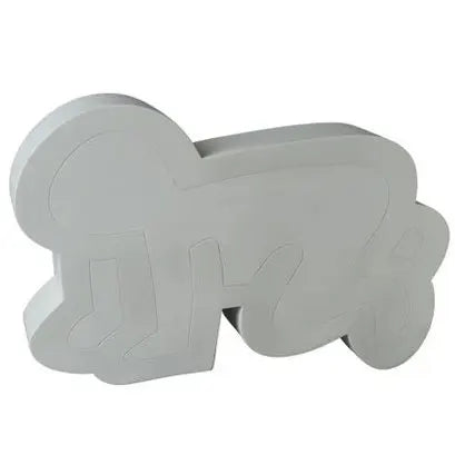 White Radiant Baby Statue by Keith Haring, front view of the crawling child design in minimalist sculptural form.