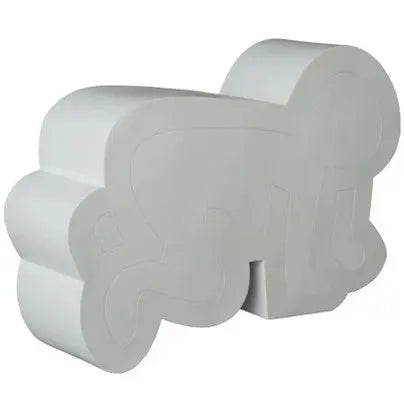 Radiant Baby Statue by Keith Haring in white polystone, side angle view showing the crawling child outline.