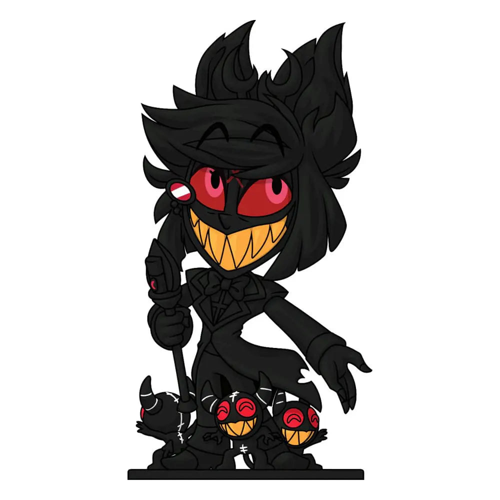 Illustrated concept art of the Radio Demon Alastor Youtooz figure with staff and smiling demon companions.