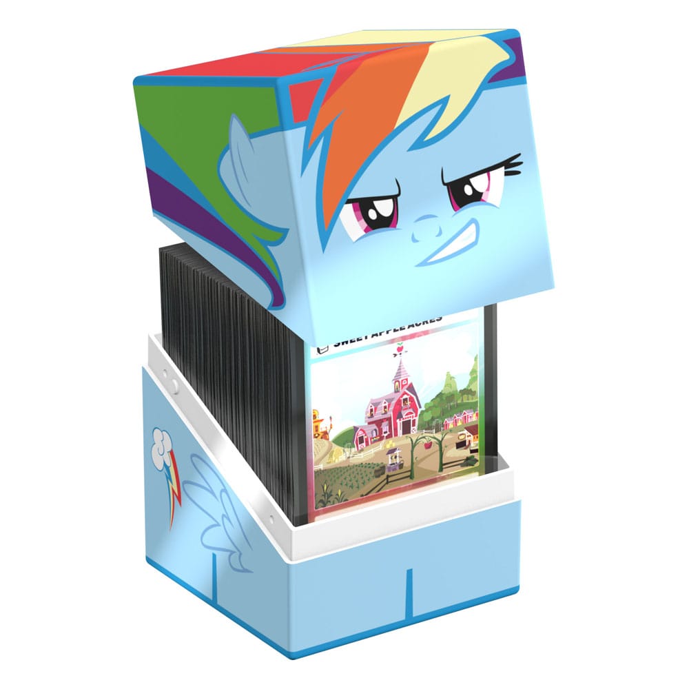 Rainbow Dash Squaroes deck box opened with cards inside.