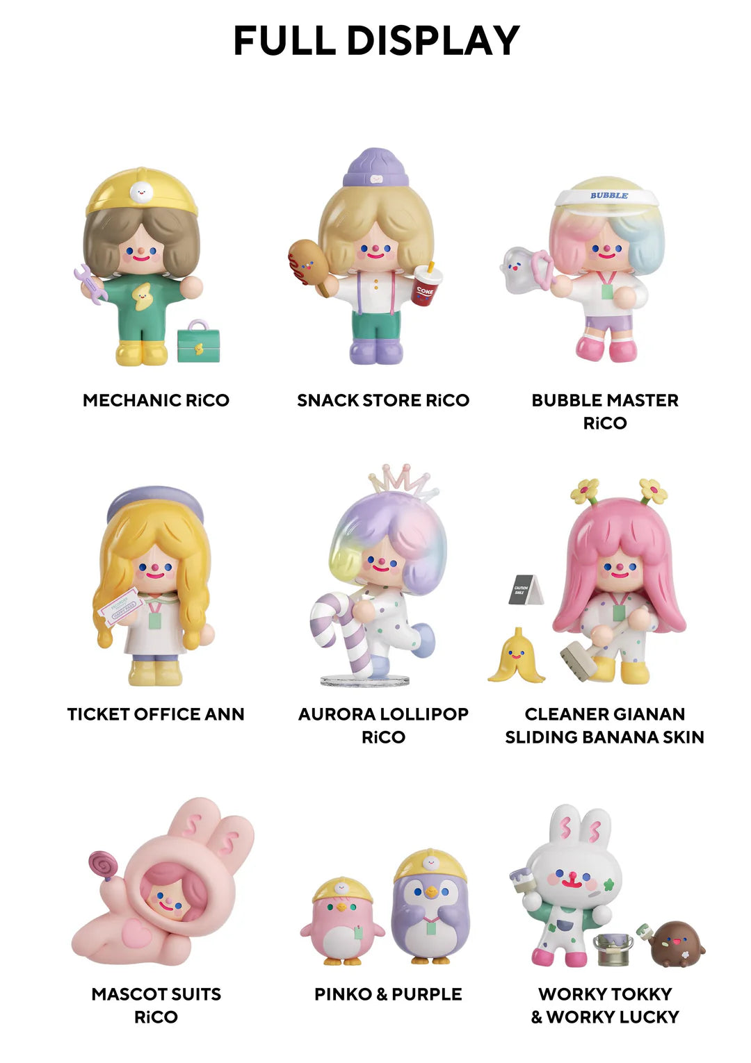 Full checklist of RiCo Happy Factory Series Blind Box figures including regular and secret designs