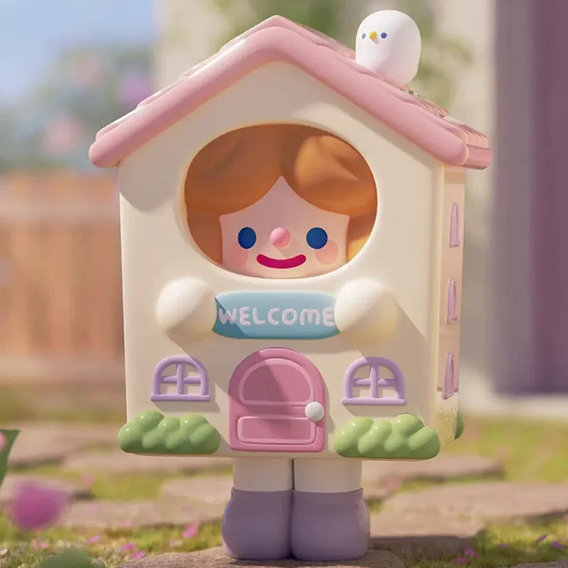 RiCo Happy Room Tour collectible toy inside a pastel house costume holding a welcome sign