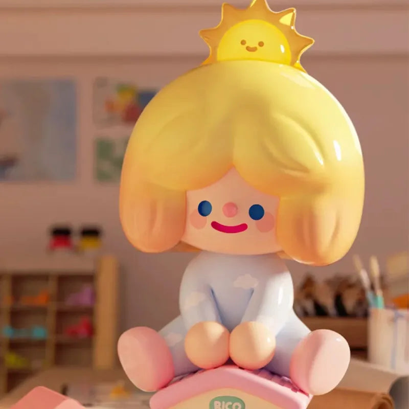 RiCo Happy Room Tour Blind Box figure with sunshine hat sitting cutely on a pastel base