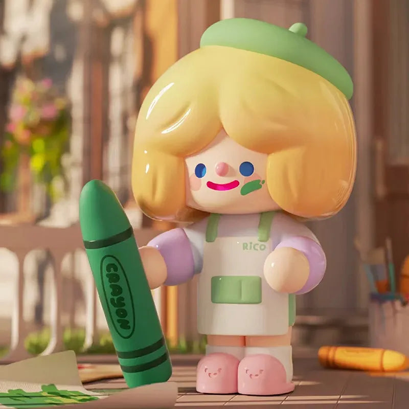 RiCo Happy Room Tour figure painting with a large crayon and wearing an apron