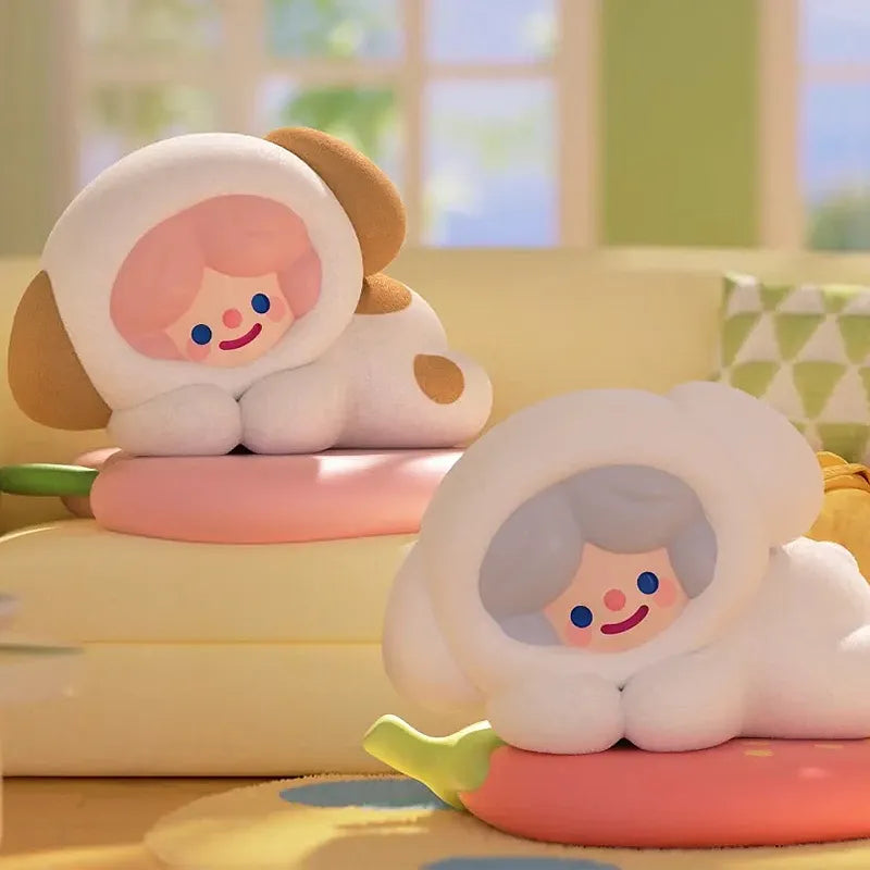 RiCo Happy Room Tour vinyl figure dressed as a dog and lamb lying on cushions