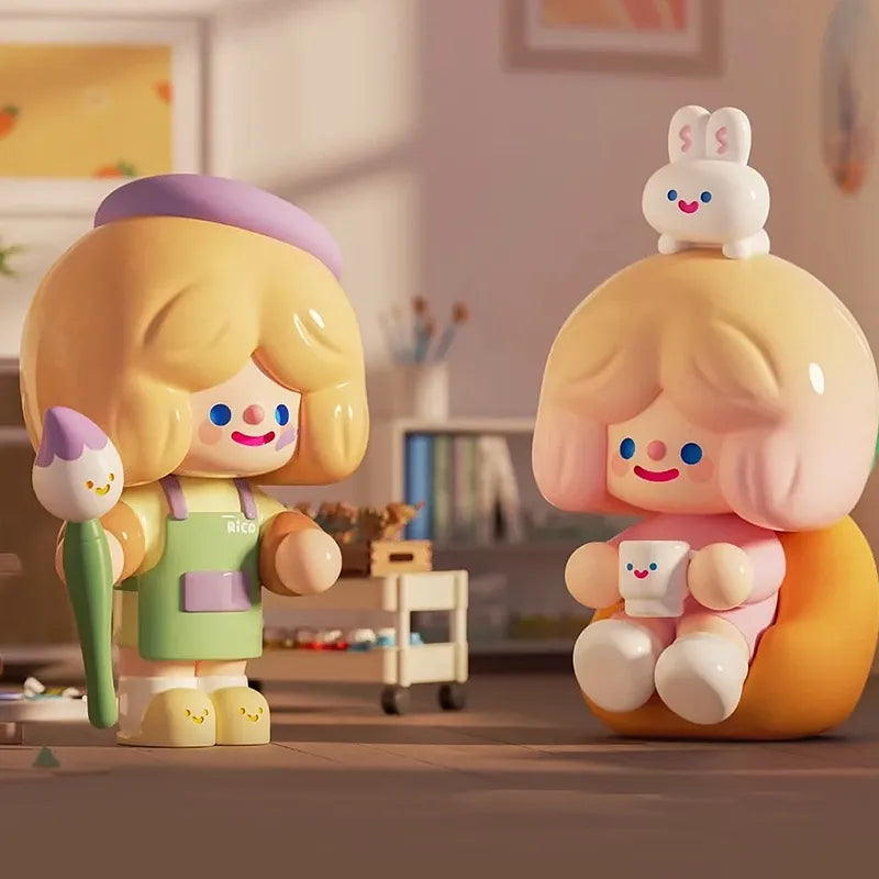 RiCo Happy Room Tour art toy painting with a brush and drinking tea with bunny accessory