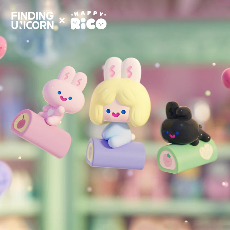 Candy-themed RiCO characters riding colourful sweet roll toys from the Happy Sweet Candy Shop Series