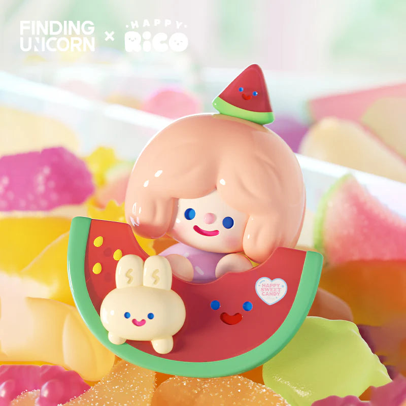 RiCO watermelon-themed collectible figure surrounded by colourful candy treats
