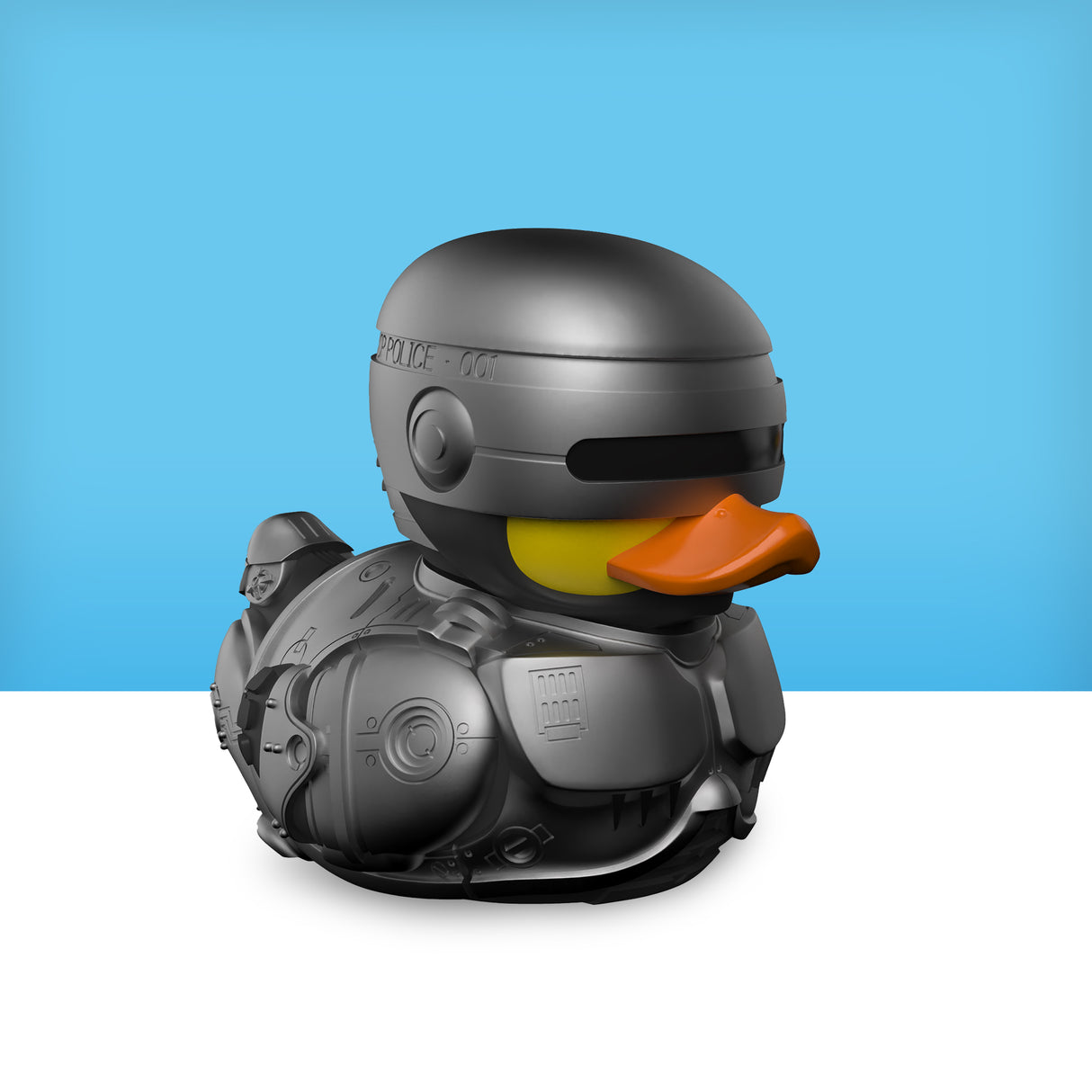 Front portrait of the Mini RoboCop TUBBZ duck with visor and armour.