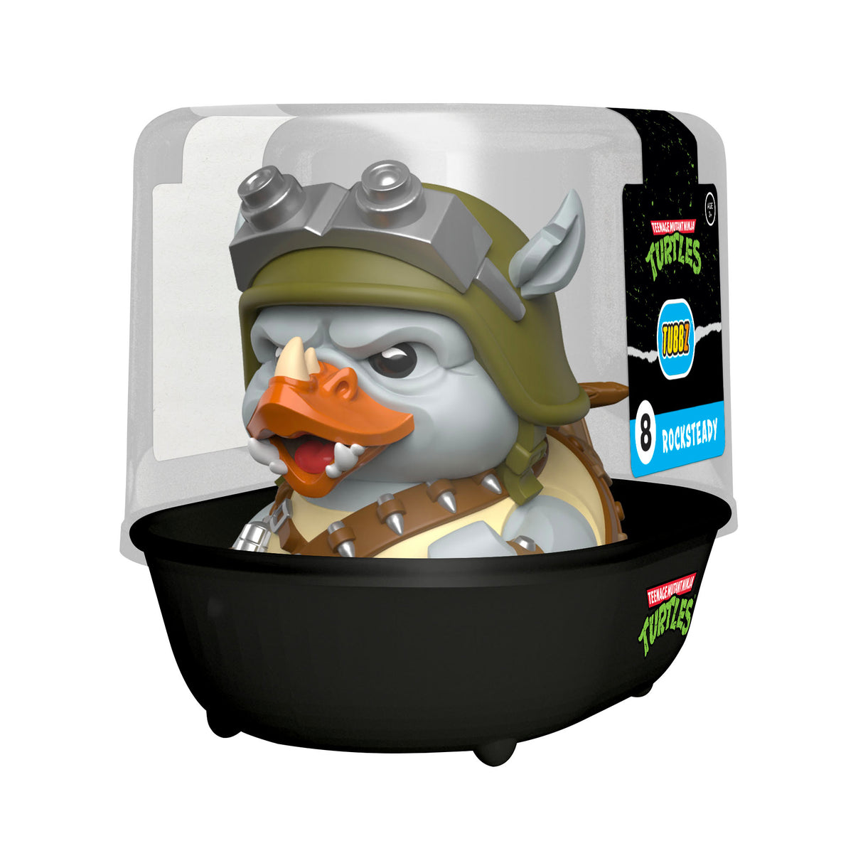 Rocksteady TUBBZ figure inside its TMNT-themed display bathtub packaging