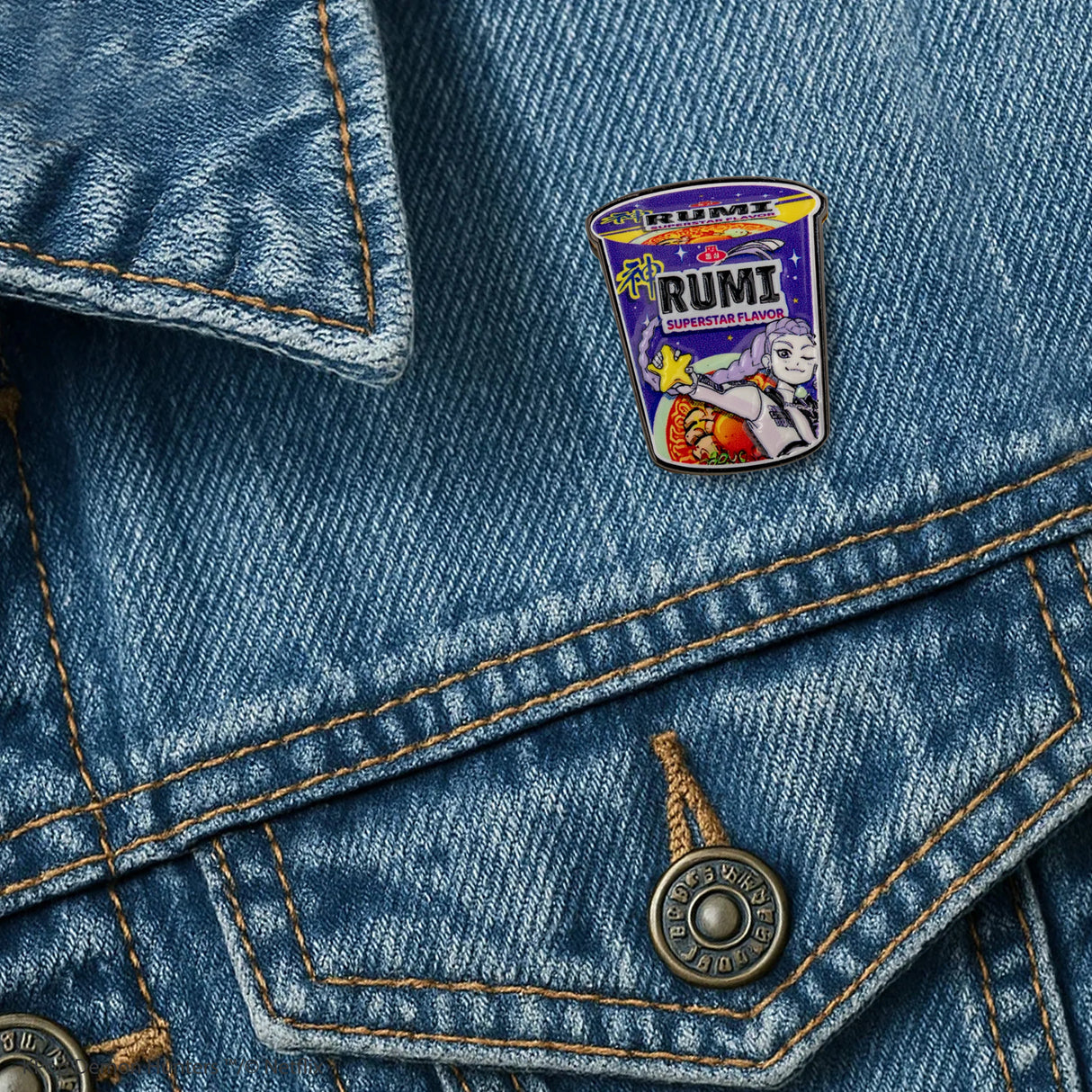 Rumi noodles pin KPop Demon Hunters attached to denim jacket