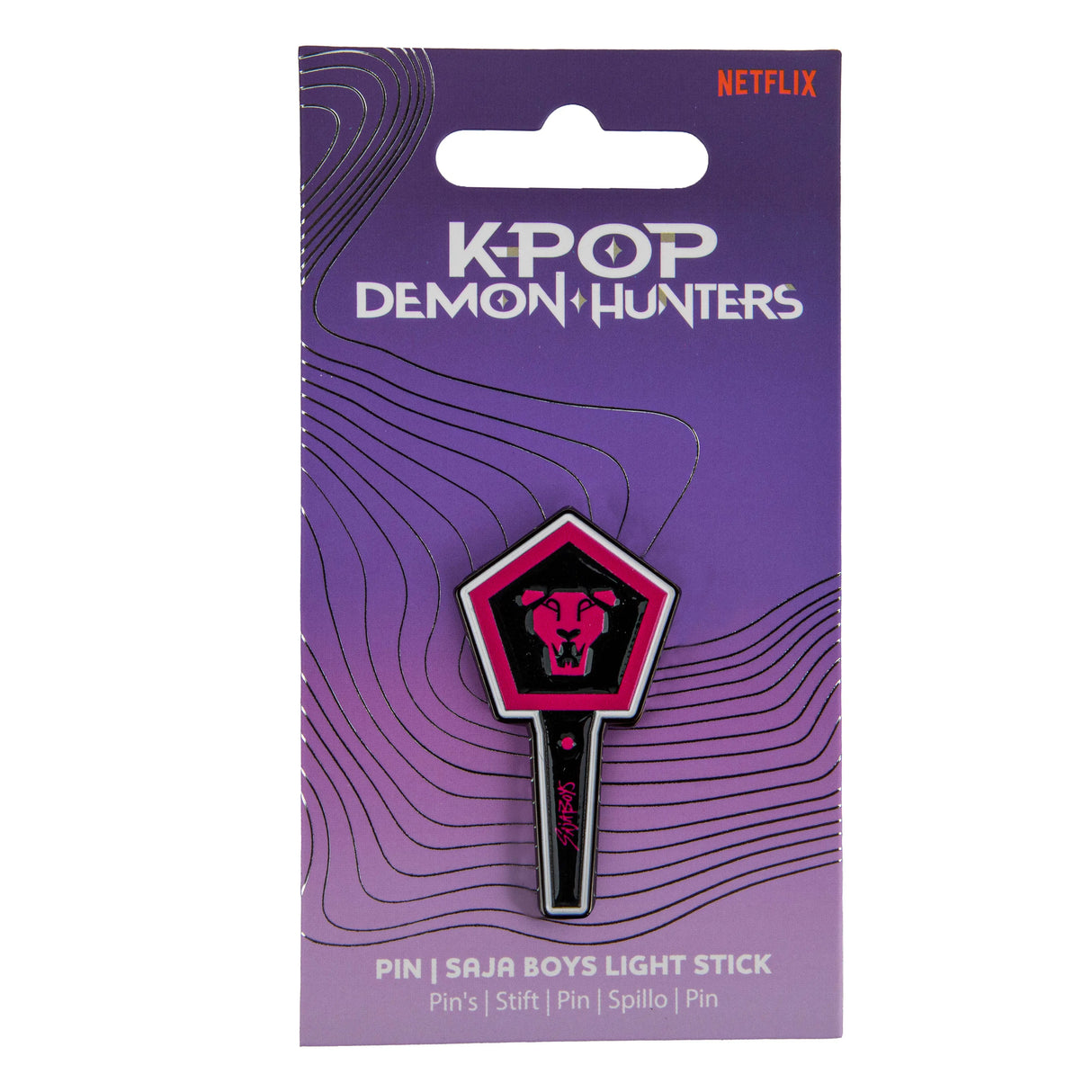 Saja Boys lightstick pin on official KPop Demon Hunters packaging