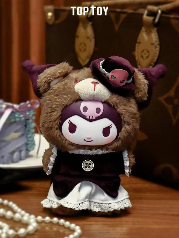 Kuromi Sanrio Afternoon Tea plush keychain in gothic purple bear costume