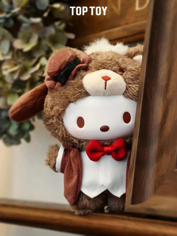 Pochacco Sanrio Afternoon Tea plush keychain in white shirt with red bowtie