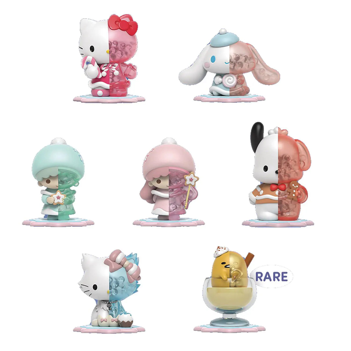 All 7 Kandy Sanrio Snowy Dreams figures with rare Gudetama