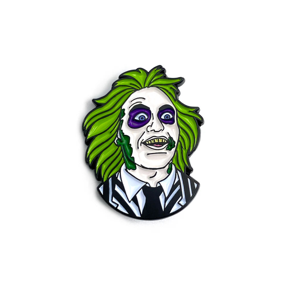 Scared Sheetless enamel pin by Yesterdays featuring Beetlejuice face on white background