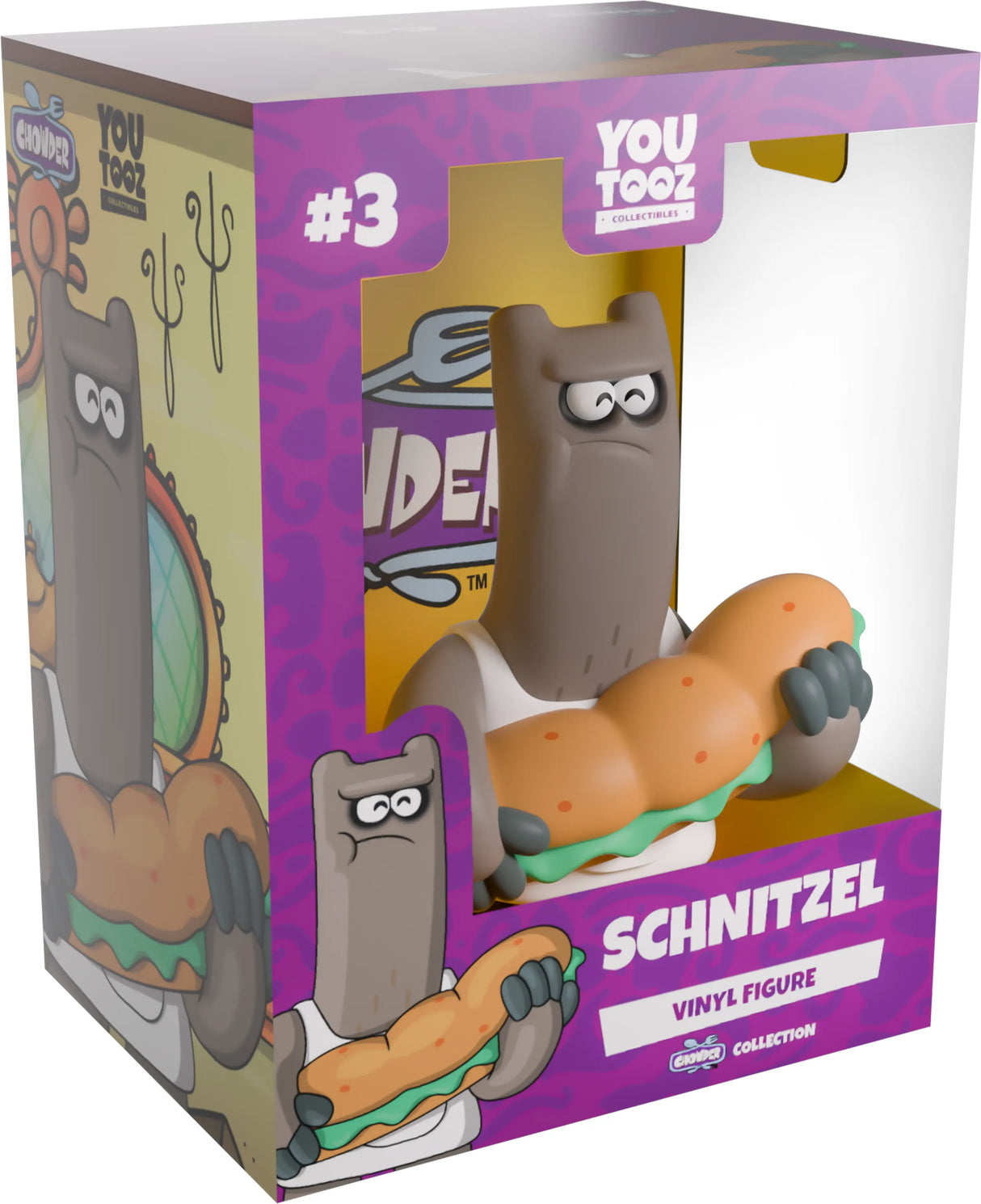 Boxed Schnitzel Youtooz vinyl figure with colorful packaging featuring kitchen artwork from Chowder.