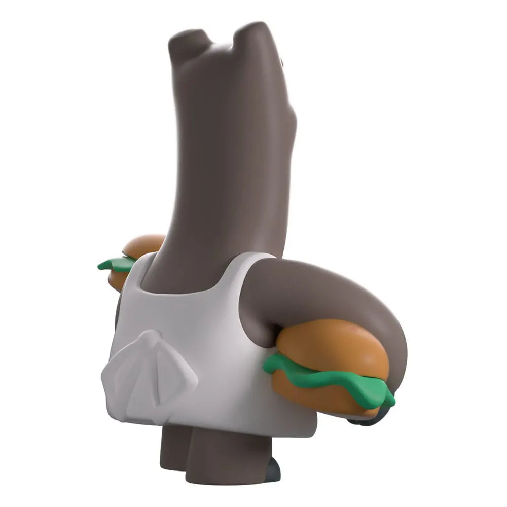 Angled front view of Schnitzel Youtooz collectible figure holding sandwich.