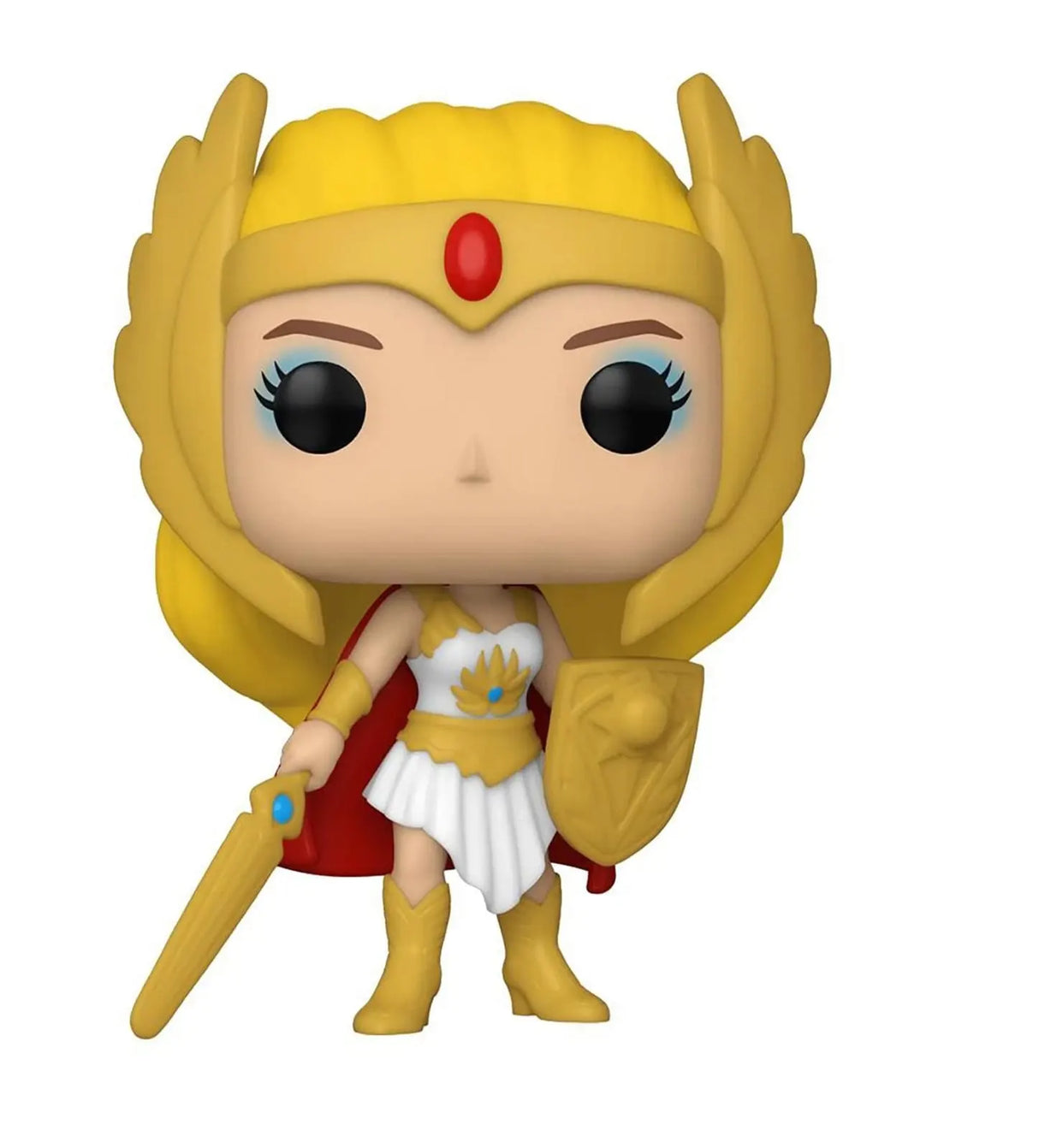 Close-up of Glow-in-the-Dark She-Ra Funko Pop! with gold armor, sword, and red cape details.