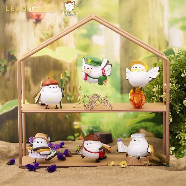 Shimaenaga Sayuri blind box figures displayed in a wooden dollhouse-style shelf.