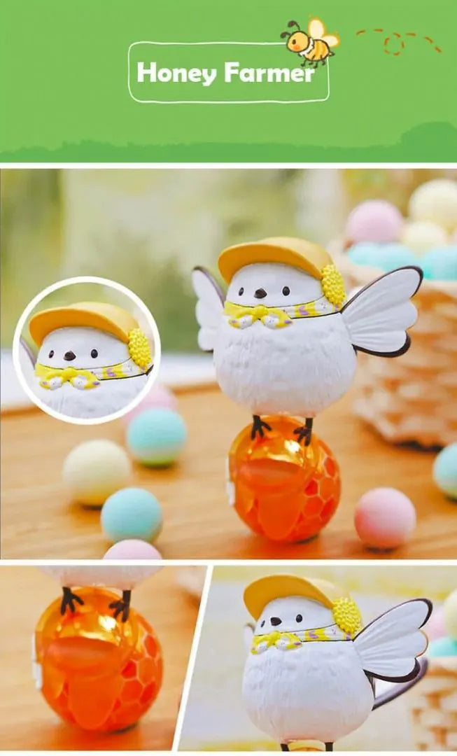 Shimaenaga Sayuri Honey Farmer vinyl figure standing on honeycomb ball with yellow hat.