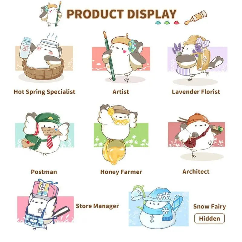 Shimaenaga Sayuri series lineup display with all bird characters and names.