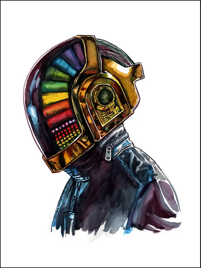 Daft Punk gold helmet watercolor art print