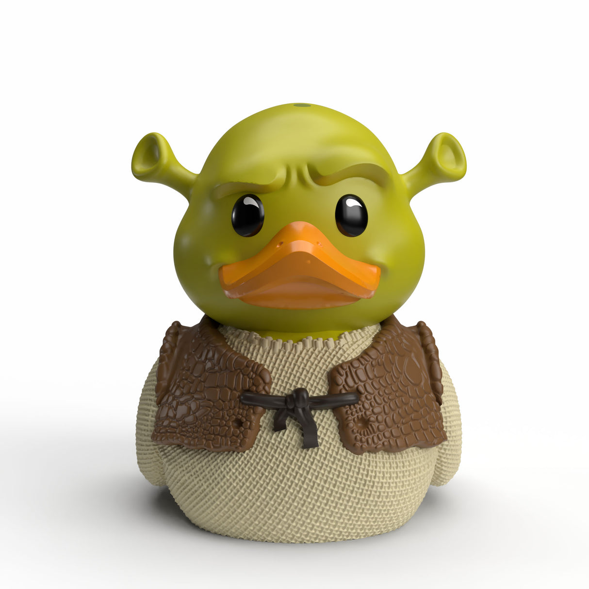 Front-facing view of the Mini Shrek TUBBZ duck with ogre ears and classic scowl