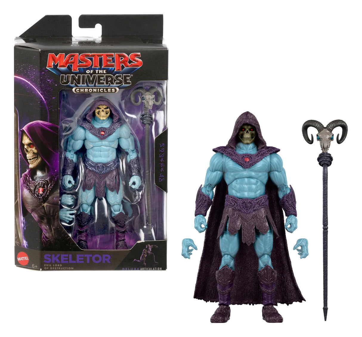Skeletor Masters of the Universe Chronicles figure displayed with deluxe collector packaging