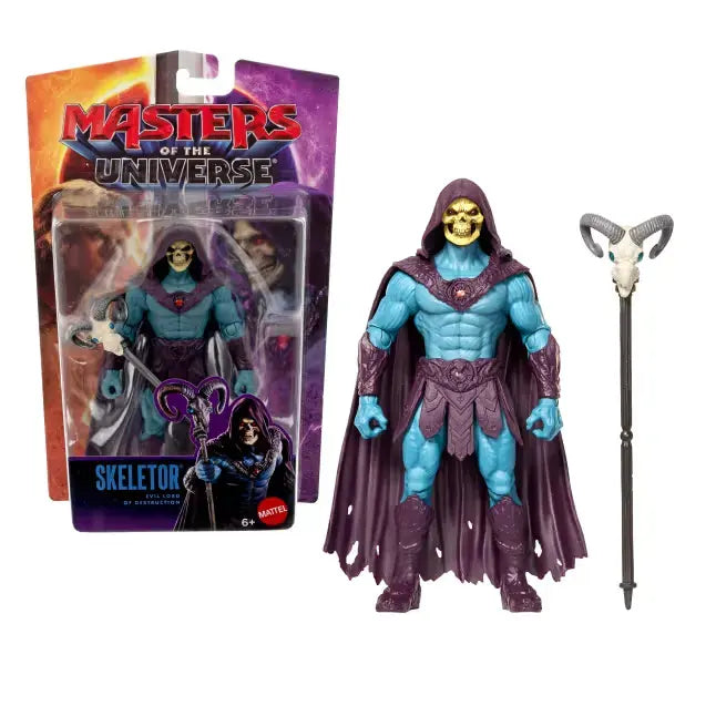 Skeletor Masters of the Universe movie figure displayed with packaging and Havoc Staff accessory