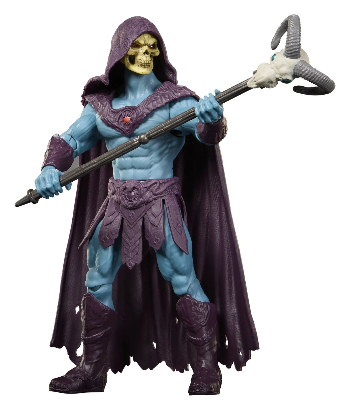 Close-up of Skeletor Masters of the Universe movie action figure with detailed armor and staff