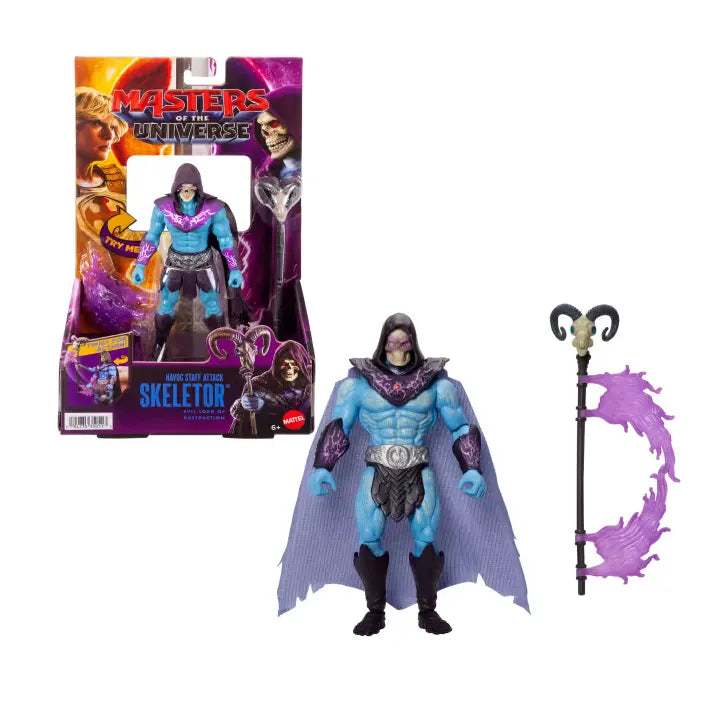 Skeletor Havoc Staff Attack action figure displayed with packaging and Havoc Staff accessory
