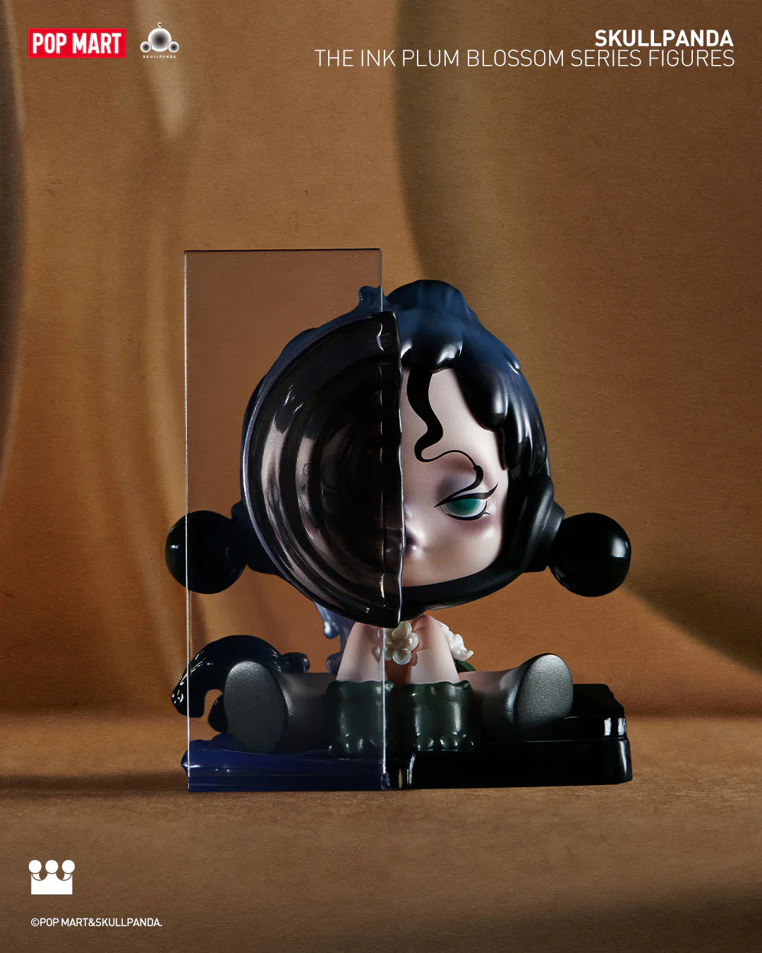 Skullpanda Ink Plum Blossom vinyl figure with split face design and water motif, POP MART art toy.