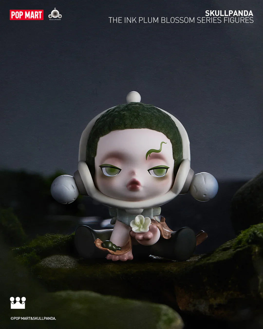 Skullpanda Ink Plum Blossom figure with green moss-like head and white flower, POP MART collectible blind box.