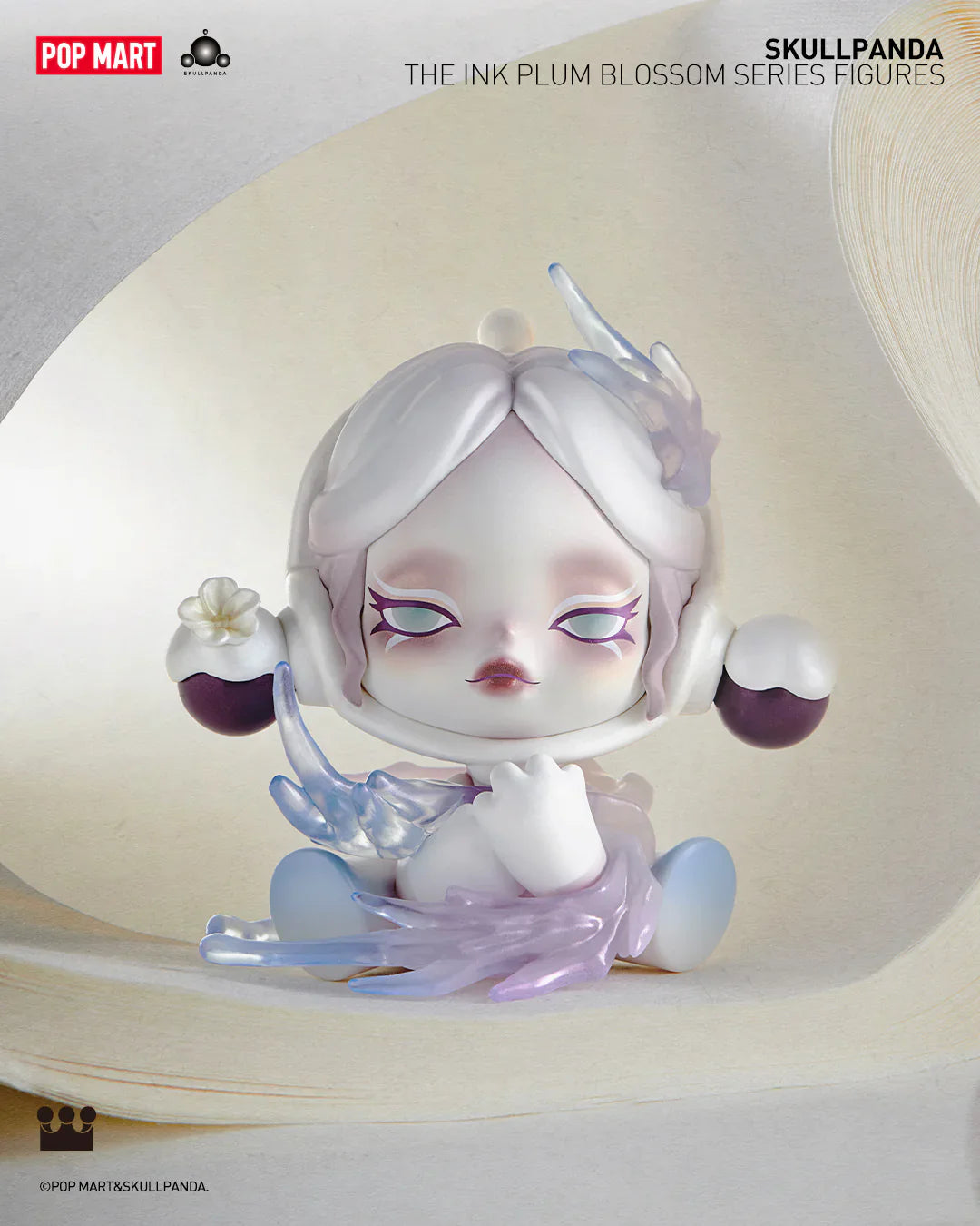 Skullpanda Ink Plum Blossom figure in icy white tones with translucent blue details, POP MART blind box toy.